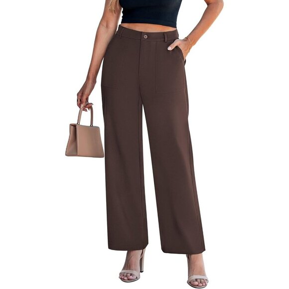 Pants - Women's Chocolate Brown Polyester High Waisted Elastic Wide Leg Dress Pant
